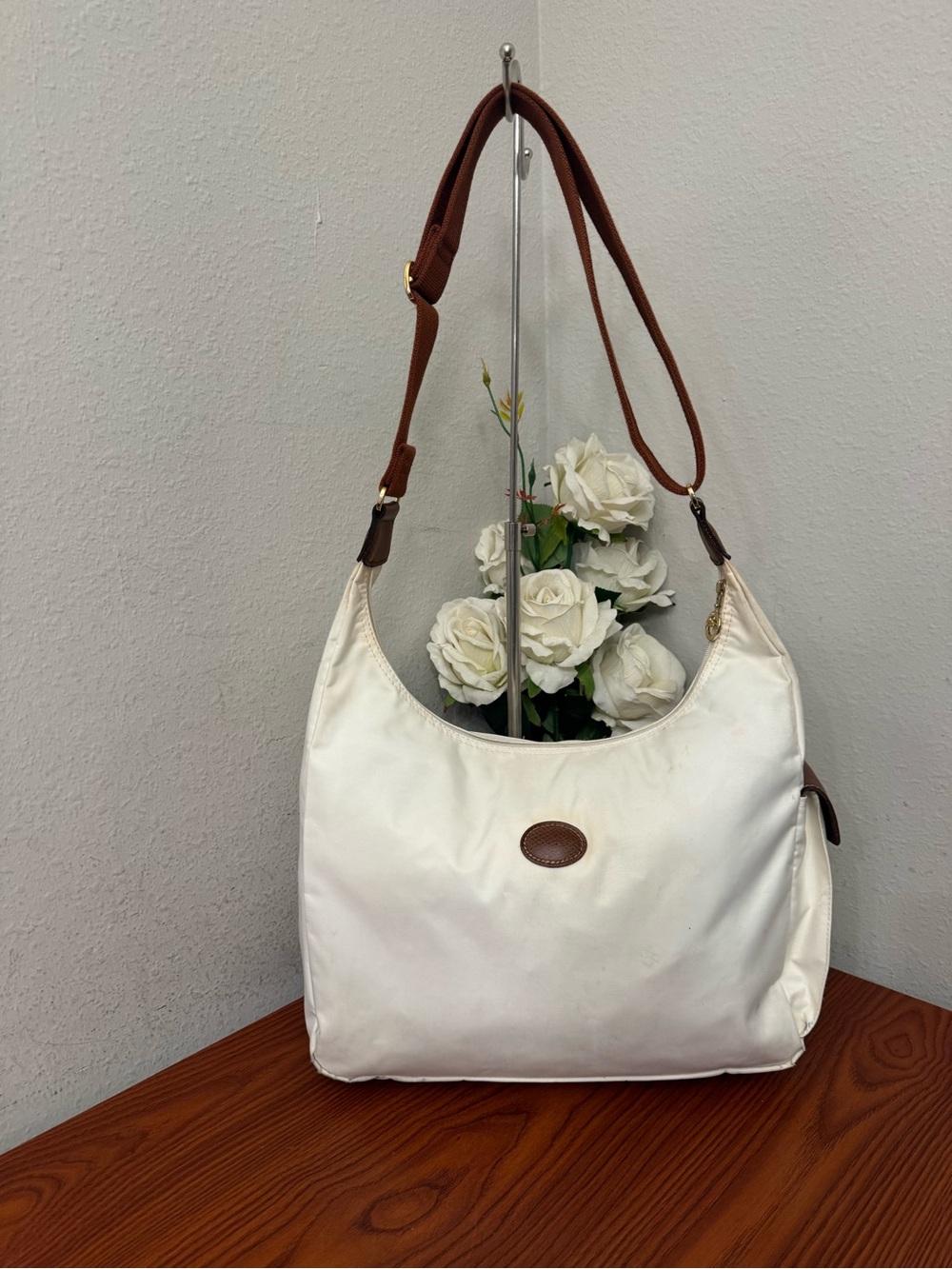 Longchamp White Shoulder Bag with Brown Strap and Trim